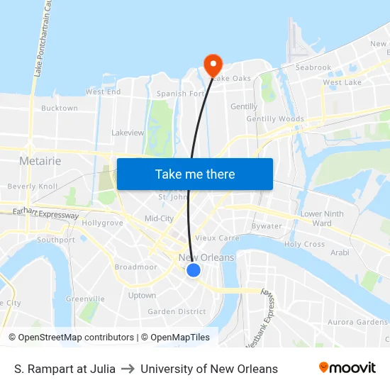 S. Rampart at Julia to University of New Orleans map