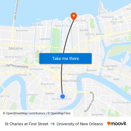 St Charles at First Street to University of New Orleans map