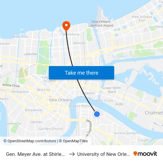Gen. Meyer Ave. at Shirley Dr. to University of New Orleans map