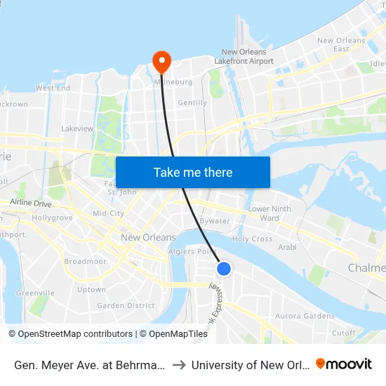 Gen. Meyer Ave. at Behrman Ave. to University of New Orleans map