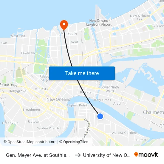 Gen. Meyer Ave. at Southlawn Blvd. to University of New Orleans map
