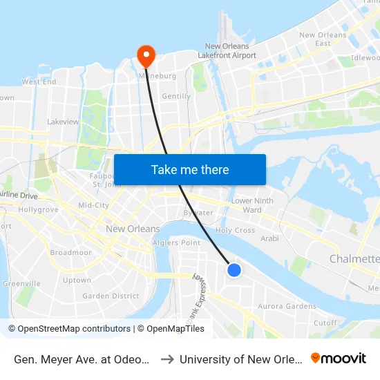 Gen. Meyer Ave. at Odeon St. to University of New Orleans map