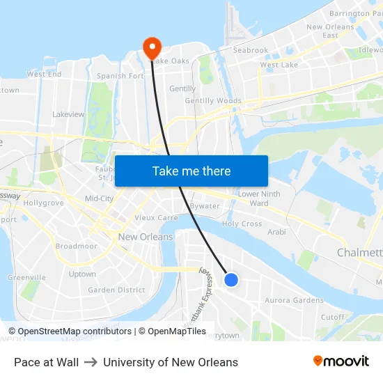 Pace at Wall to University of New Orleans map