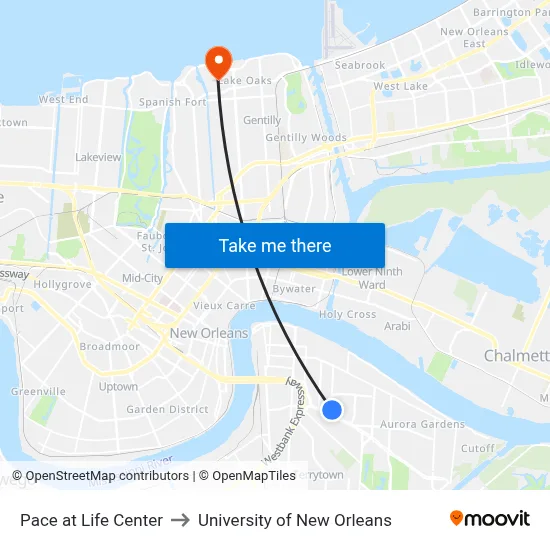 Pace at Life Center to University of New Orleans map