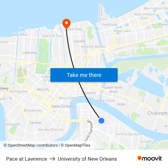 Pace at Lawrence to University of New Orleans map