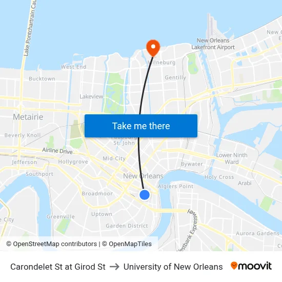Carondelet St at Girod St to University of New Orleans map