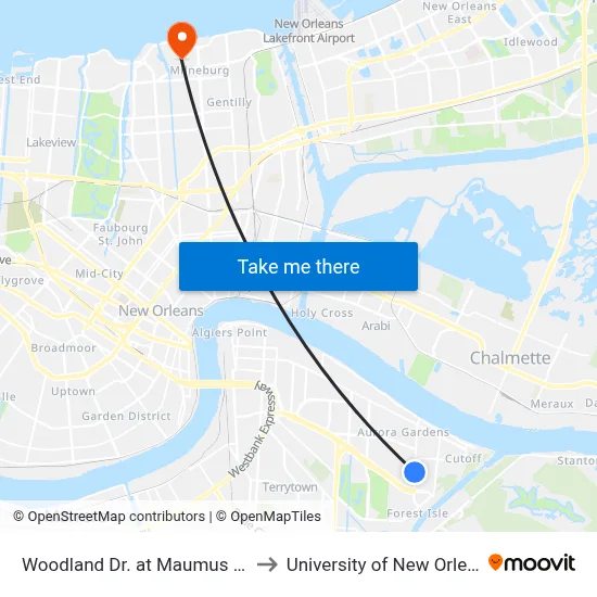 Woodland Dr. at Maumus Ave. to University of New Orleans map