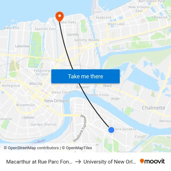 Macarthur at Rue Parc Fontaine to University of New Orleans map