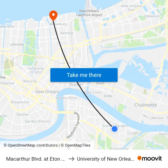 Macarthur Blvd. at Eton St. to University of New Orleans map