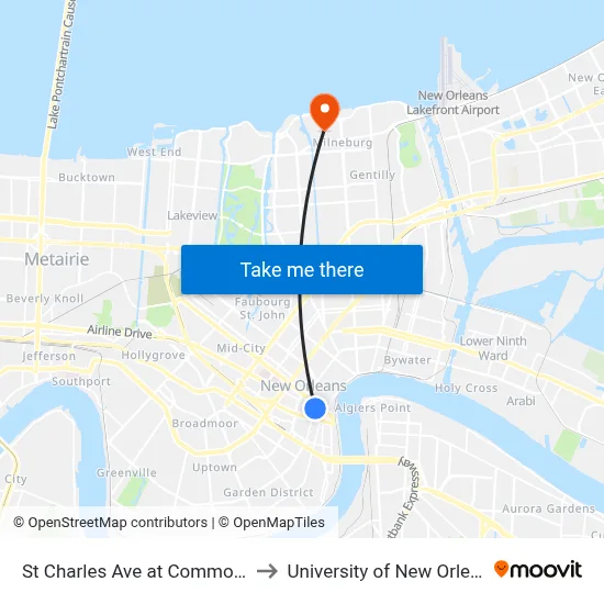 St Charles Ave at Common St to University of New Orleans map