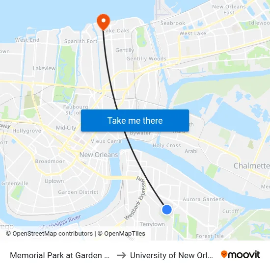 Memorial Park at Garden Oaks to University of New Orleans map