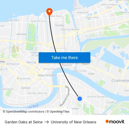 Garden Oaks at Seine to University of New Orleans map