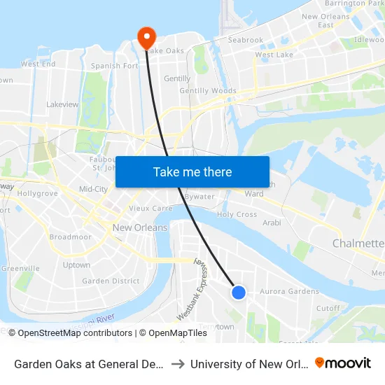 Garden Oaks at General Degaulle to University of New Orleans map