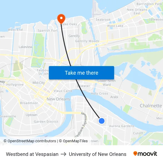 Westbend at Vespasian to University of New Orleans map
