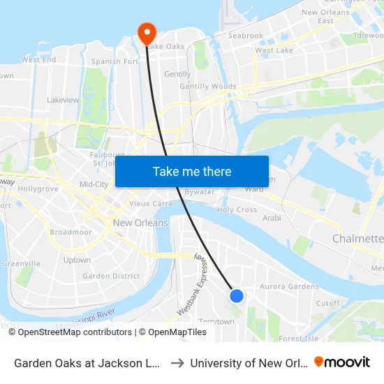 Garden Oaks at Jackson Landing to University of New Orleans map