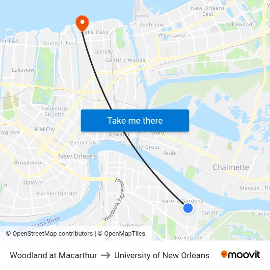 Woodland at Macarthur to University of New Orleans map
