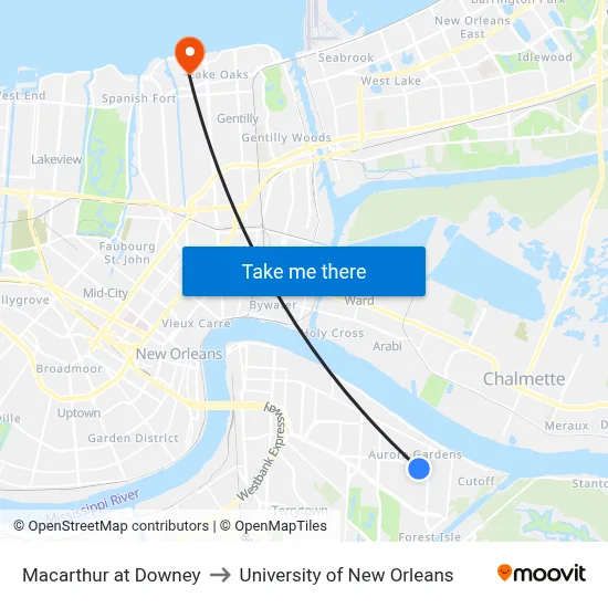 Macarthur at Downey to University of New Orleans map