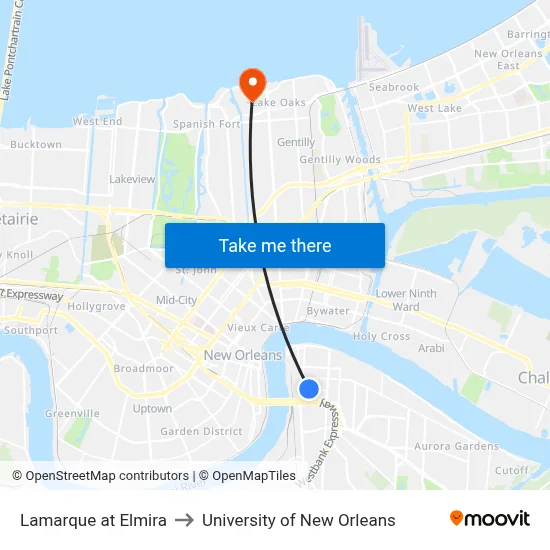 Lamarque at Elmira to University of New Orleans map