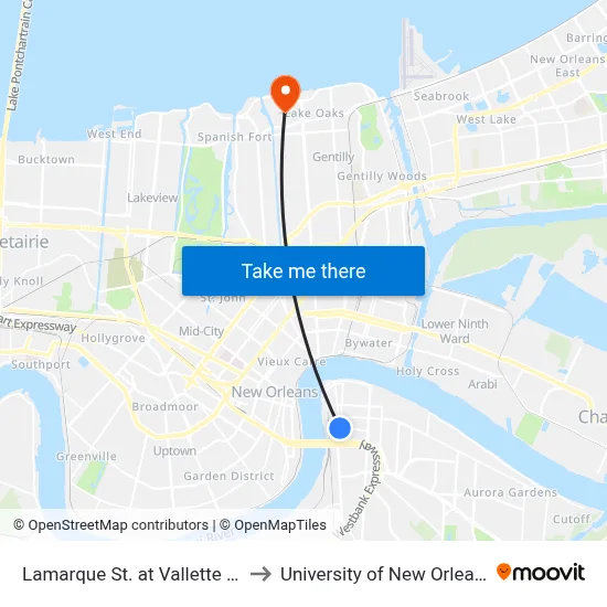 Lamarque St. at Vallette St. to University of New Orleans map