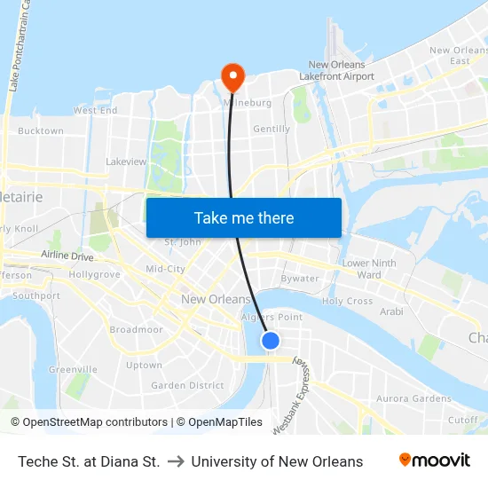 Teche St. at Diana St. to University of New Orleans map