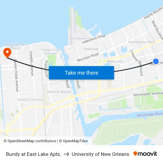 Bundy at East Lake Apts. to University of New Orleans map