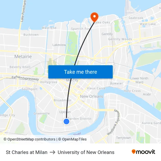 St Charles at Milan to University of New Orleans map