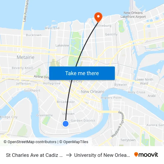 St Charles Ave at Cadiz St to University of New Orleans map