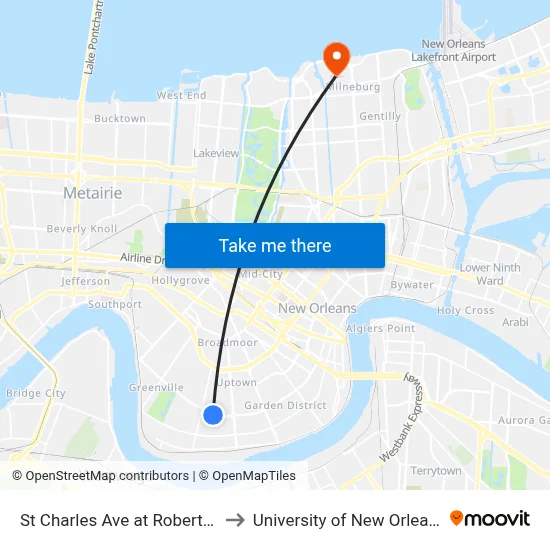 St Charles Ave at Robert St to University of New Orleans map