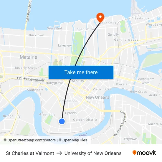 St Charles at Valmont to University of New Orleans map