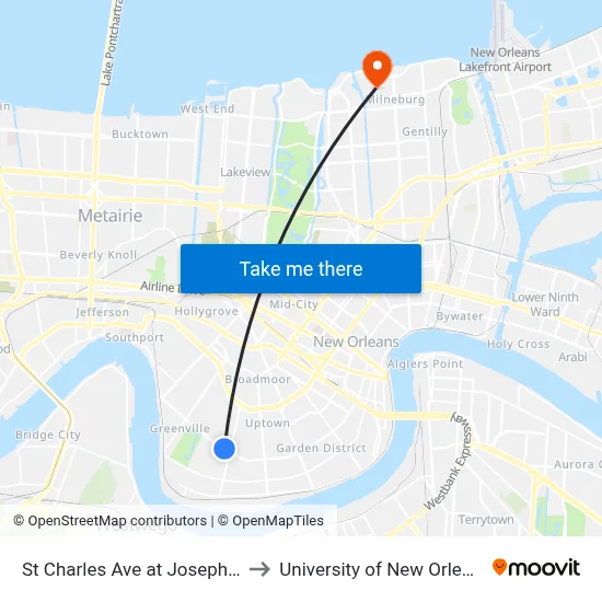 St Charles Ave at Joseph St to University of New Orleans map