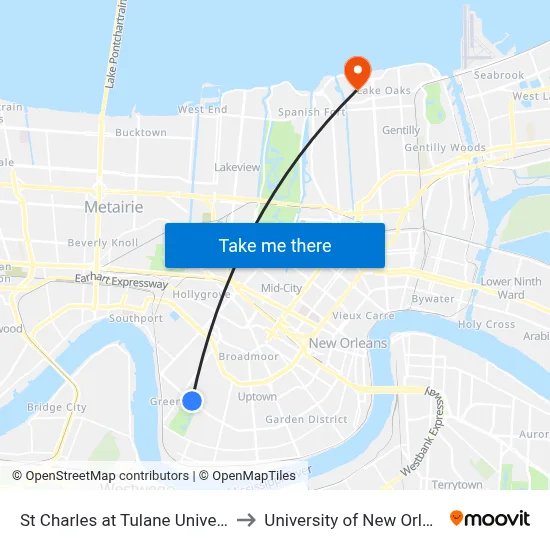 St Charles at Tulane University to University of New Orleans map