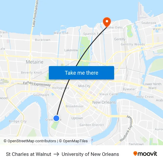 St Charles at Walnut to University of New Orleans map