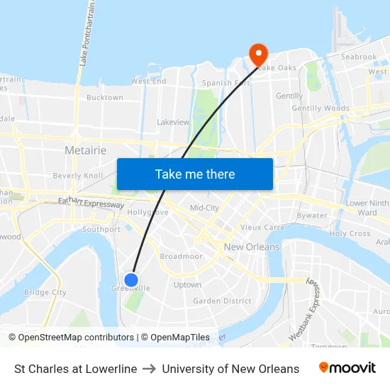 St Charles at Lowerline to University of New Orleans map