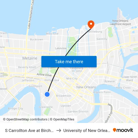 S Carrollton Ave at Birch St to University of New Orleans map