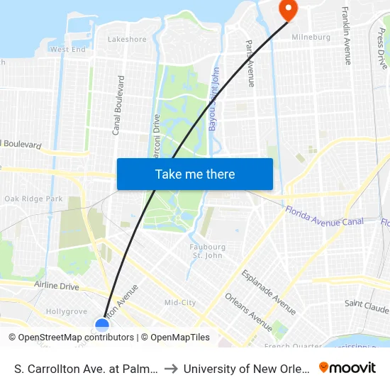 S. Carrollton Ave. at Palm St. to University of New Orleans map