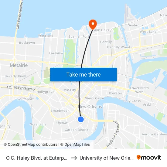 O.C. Haley Blvd. at Euterpe St. to University of New Orleans map
