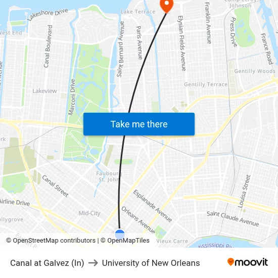 Canal at Galvez (In) to University of New Orleans map