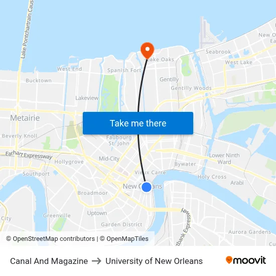 Canal And Magazine to University of New Orleans map
