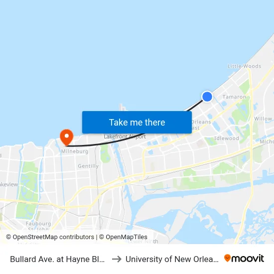 Bullard Ave. at Hayne Blvd. to University of New Orleans map