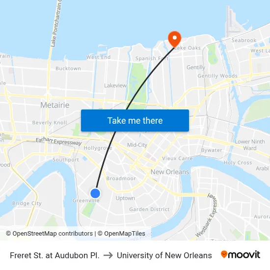 Freret St. at Audubon Pl. to University of New Orleans map
