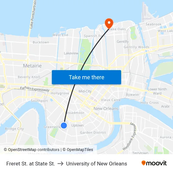 Freret St. at State St. to University of New Orleans map