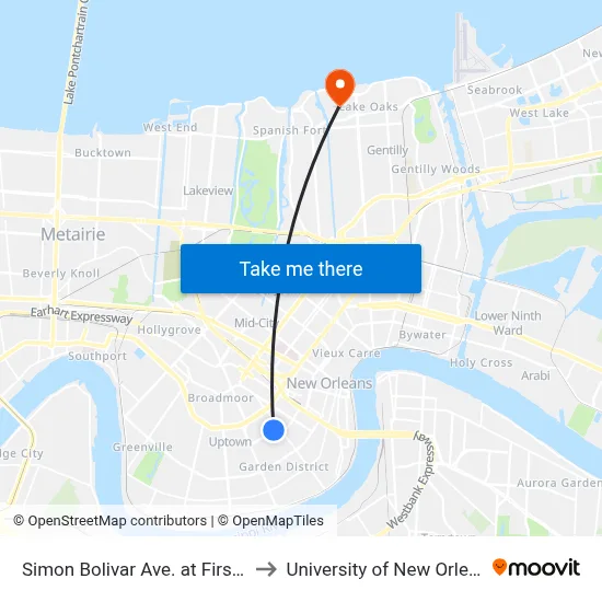 Simon Bolivar Ave. at First St. to University of New Orleans map