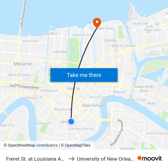 Freret St. at Louisiana Ave. to University of New Orleans map