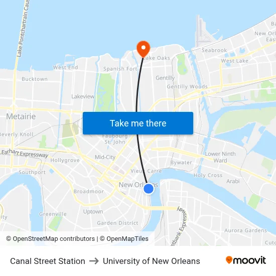 Canal Street Station to University of New Orleans map