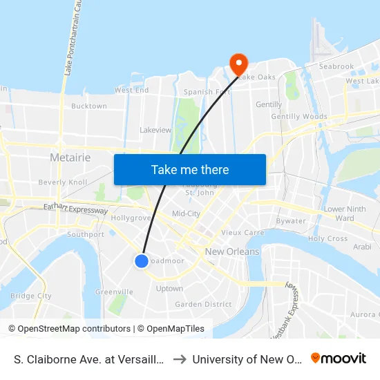 S. Claiborne Ave. at Versailles Blvd. to University of New Orleans map