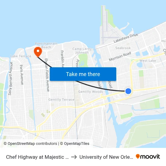 Chef Highway at Majestic Oak to University of New Orleans map