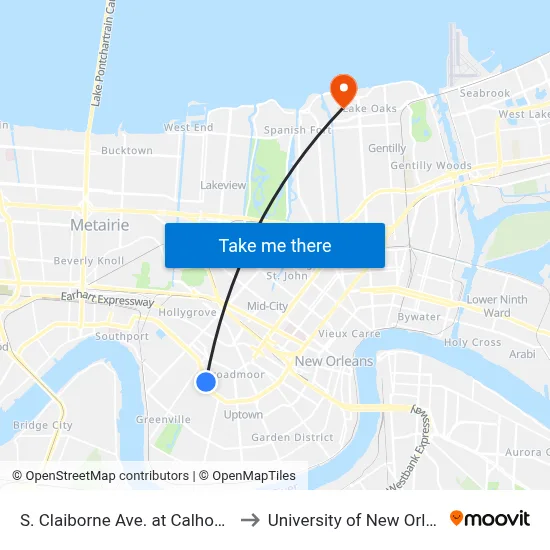 S. Claiborne Ave. at Calhoun St. to University of New Orleans map