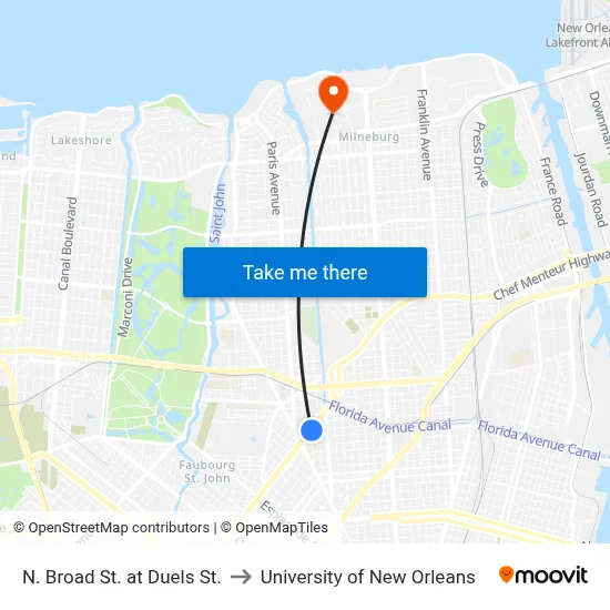 N. Broad St. at Duels St. to University of New Orleans map
