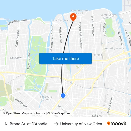 N. Broad St. at D'Abadie St. to University of New Orleans map