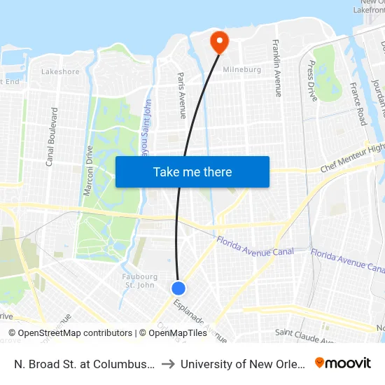 N. Broad St. at Columbus St. to University of New Orleans map